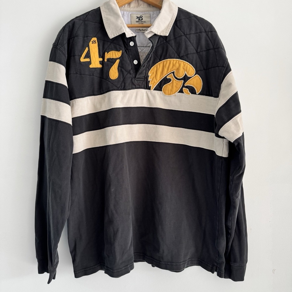 Black & Cream Long-Sleeve Rugby Shirt with Yellow Patch Accent